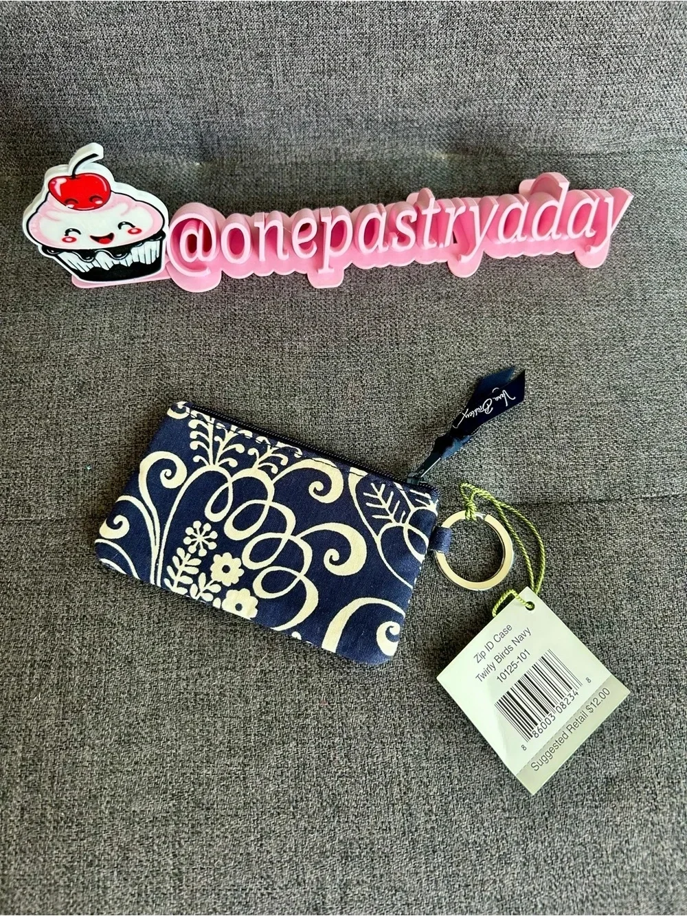 Vera Bradley Zip ID Case, Pouch, Key Ring, Twirly Birds (Retired) Navy, White